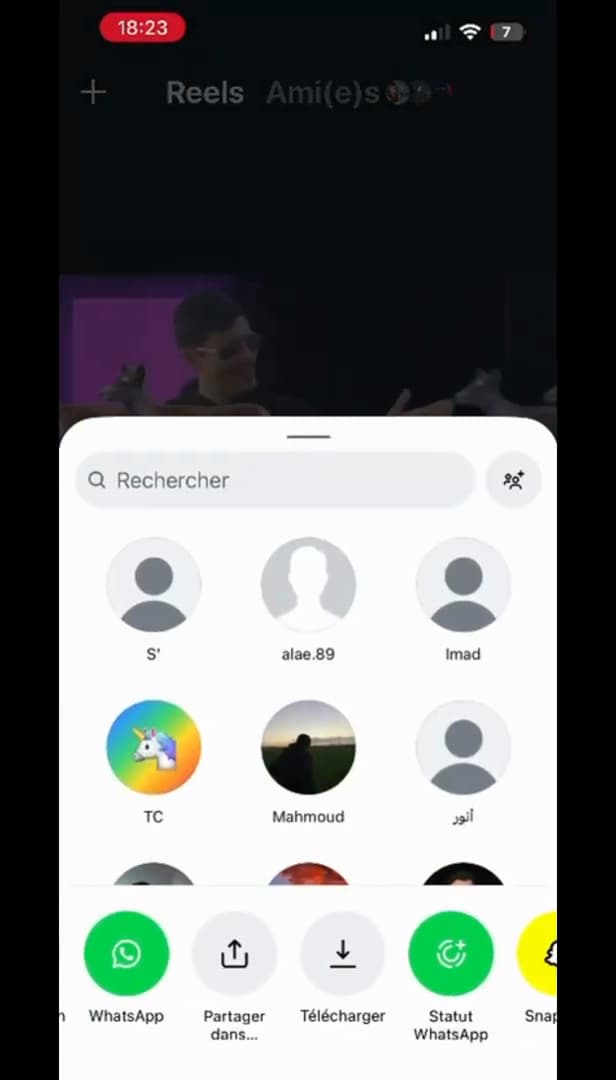 Menu de partage d'un Reel avec l'option Télécharger