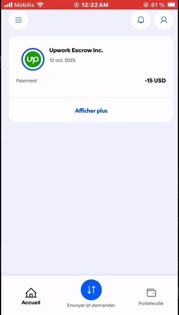 Écran d'accueil PayPal avec le solde du compte