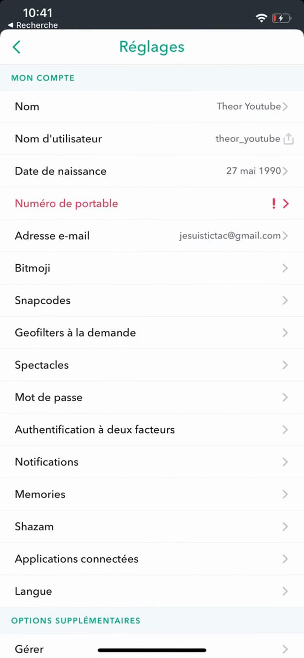Réglage Adresse e-mail sur Snapchat