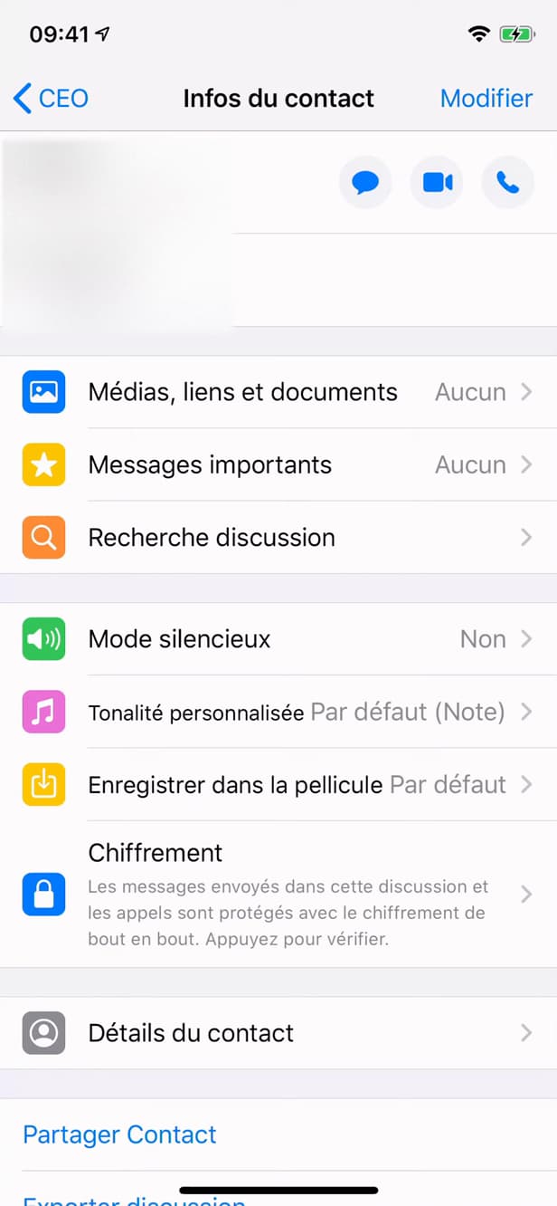 Écran Infos du contact sur WhatsApp