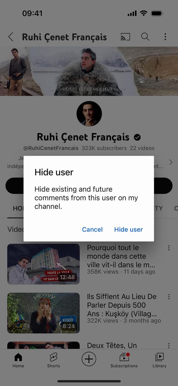 Confirmation du masquage d'une chaîne YouTube