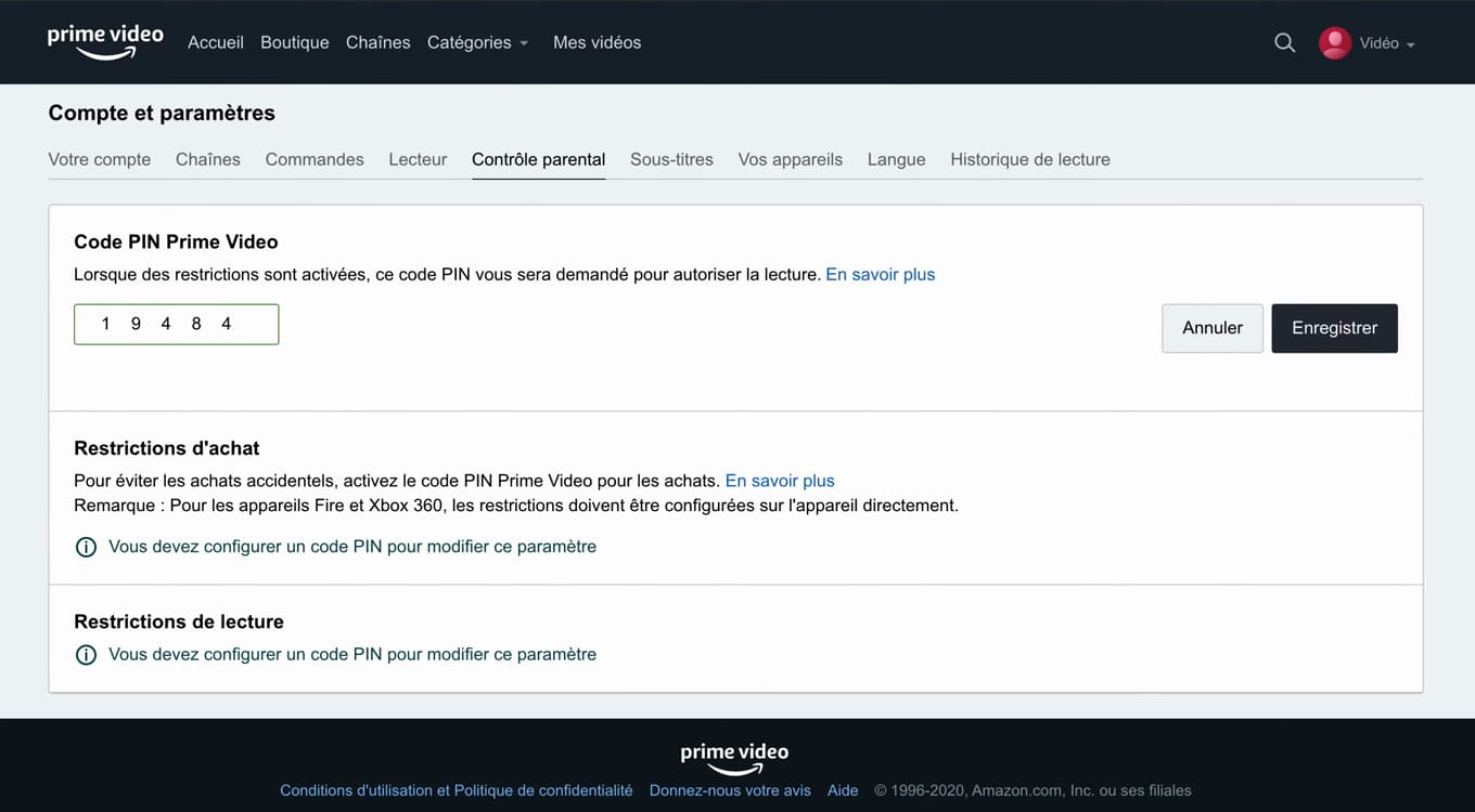 Définition du code PIN sur Amazon Prime Vidéo
