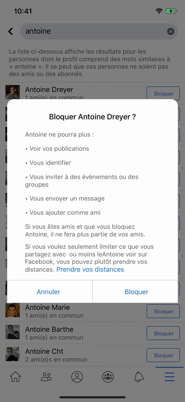 Fenêtre de confirmation de blocage sur Facebook