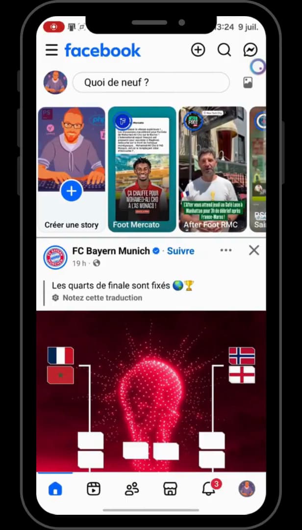 Fil d'actualité de l'application Facebook ouverte sur un téléphone