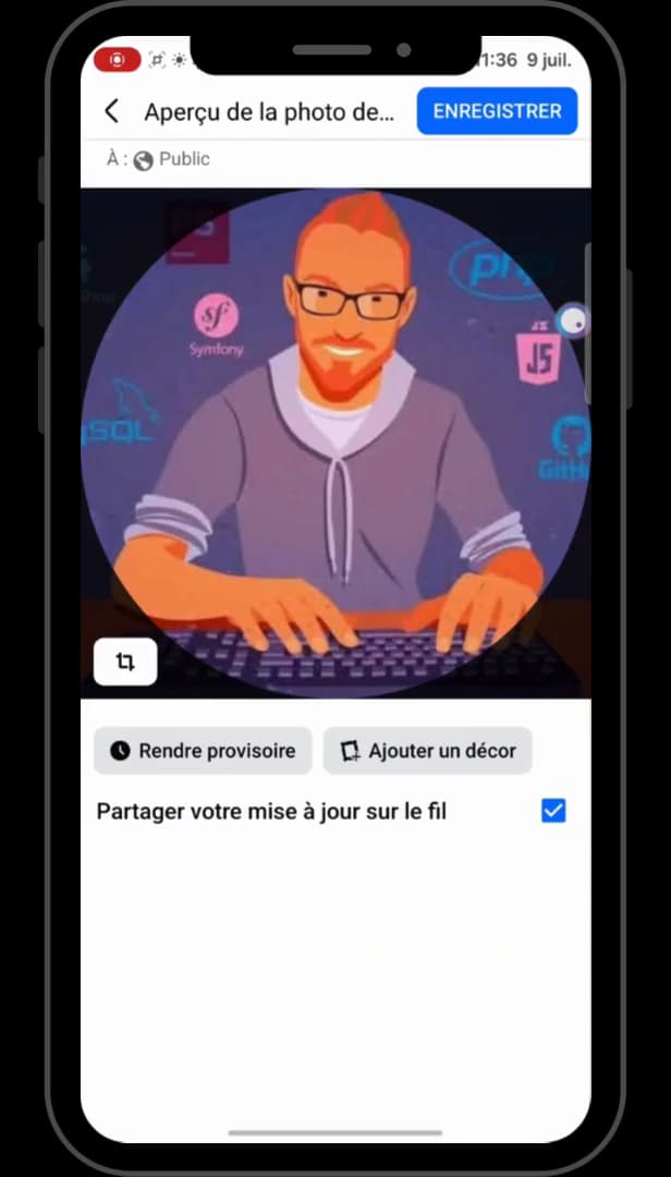 Aperçu de la nouvelle photo de profil Facebook avant enregistrement