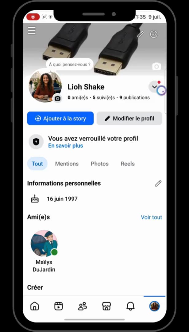 Profil Facebook avec la photo de profil et l'icône appareil photo