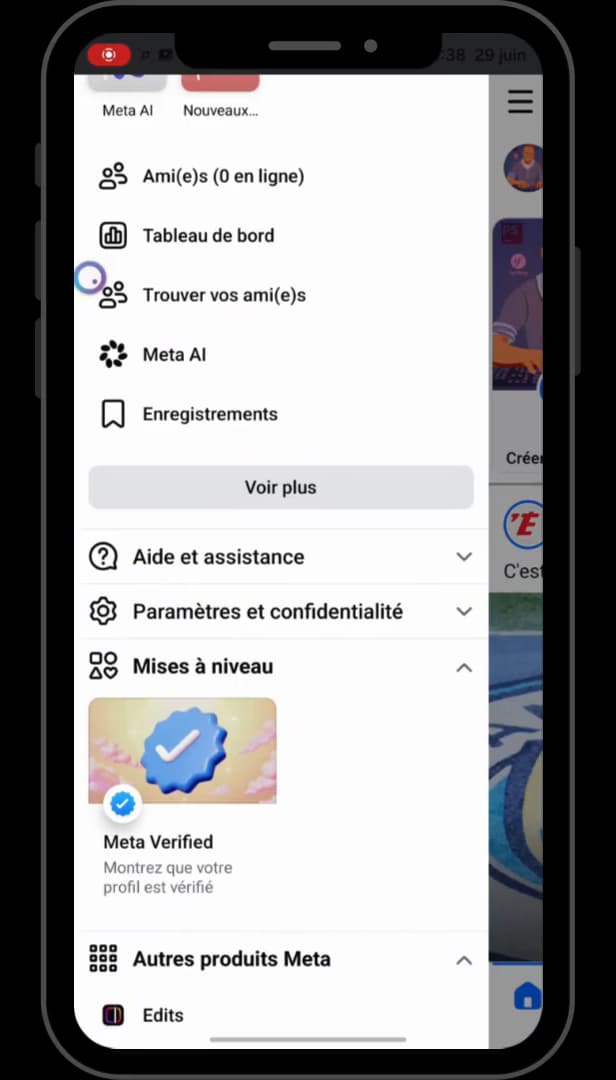 Menu Facebook avec l'accès aux Paramètres et confidentialité