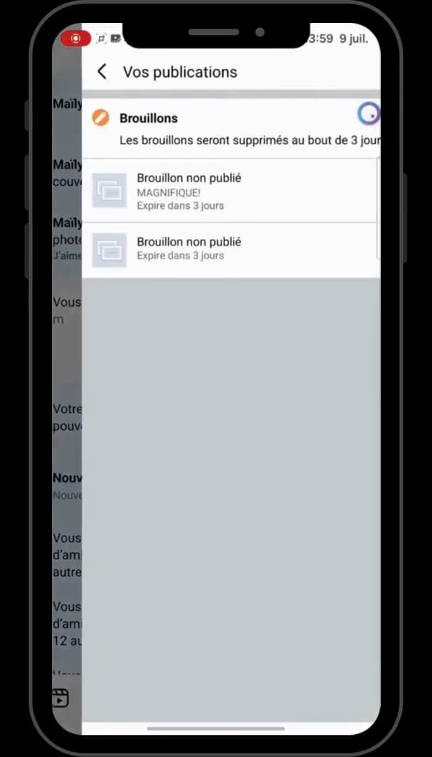 Liste des brouillons non publiés dans Vos publications sur Facebook