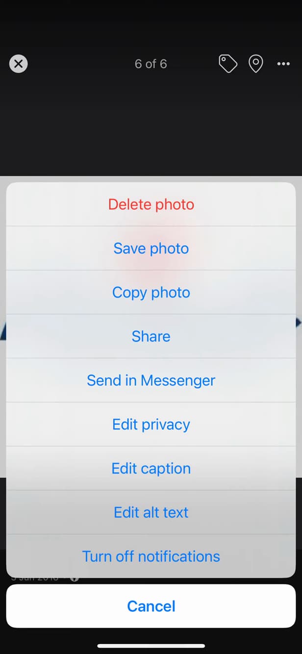Menu d'une photo Facebook avec l'option Supprimer