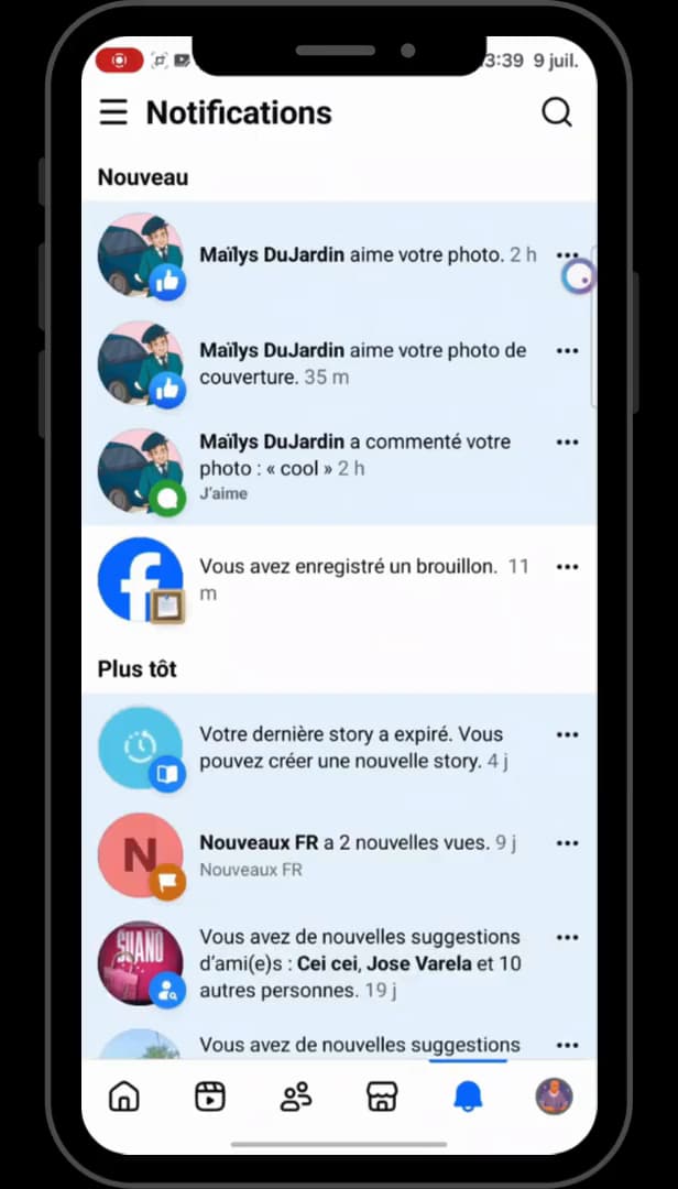 Notifications Facebook avec l'alerte d'un brouillon enregistré