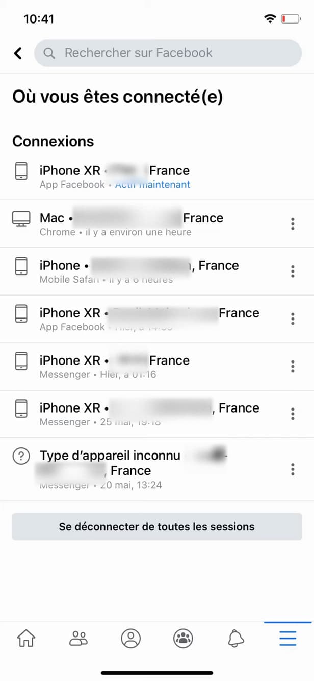 Bouton Se déconnecter de toutes les sessions sur Facebook
