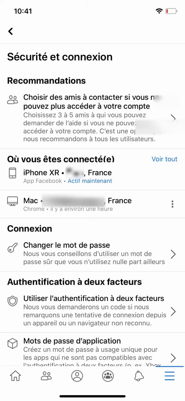 Menu Sécurité et connexion de Facebook