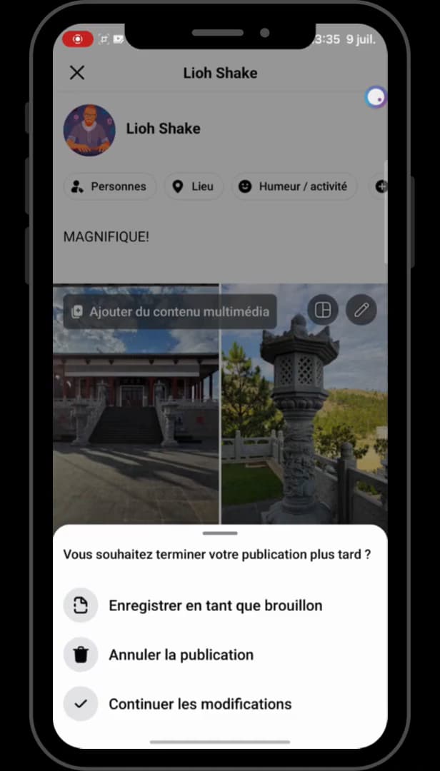 Menu Facebook proposant d'enregistrer la publication en tant que brouillon