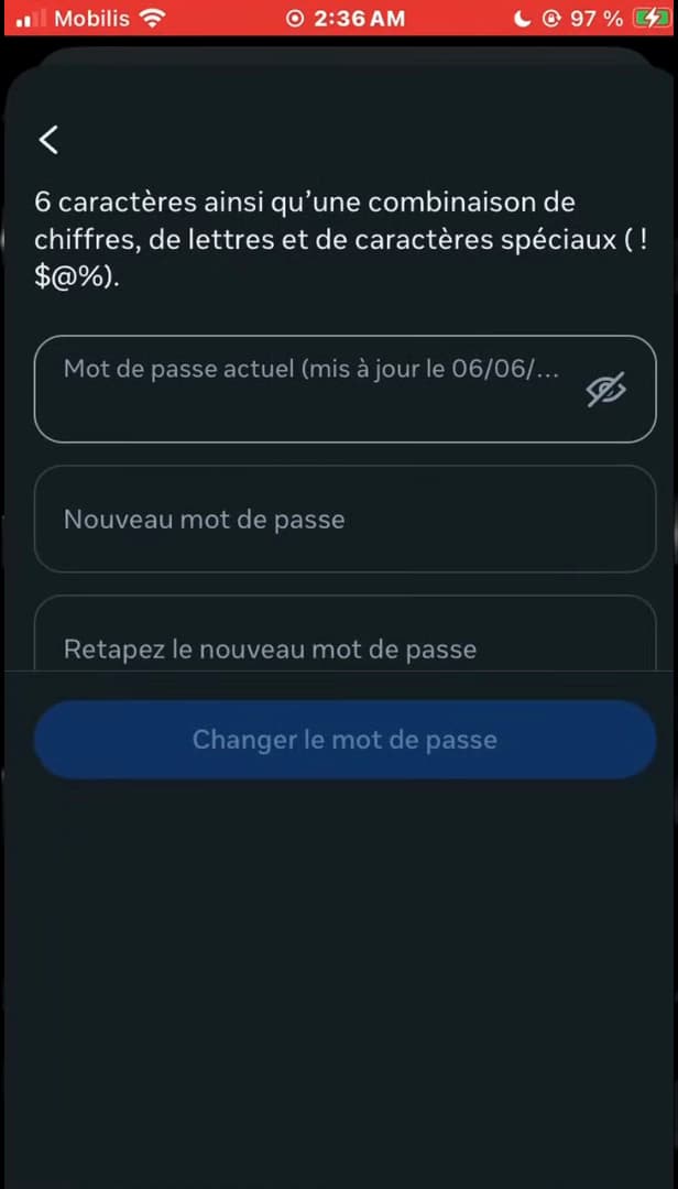 Saisie d'un nouveau mot de passe sur Facebook