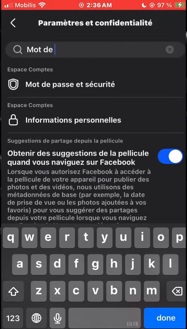 Paramètres Mot de passe et sécurité de Facebook