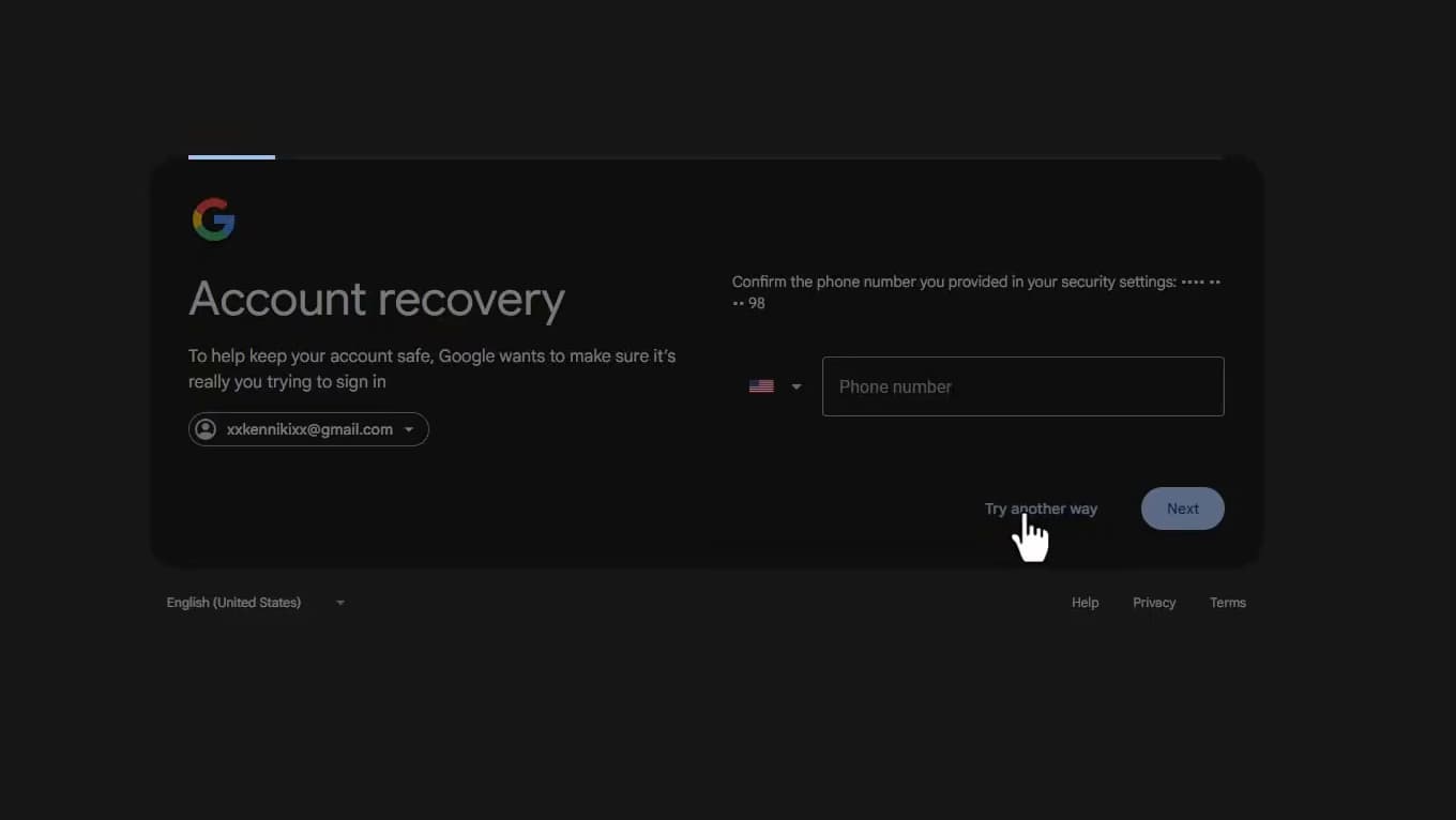 Écran de confirmation d'identité du compte Google avec champ de vérification
