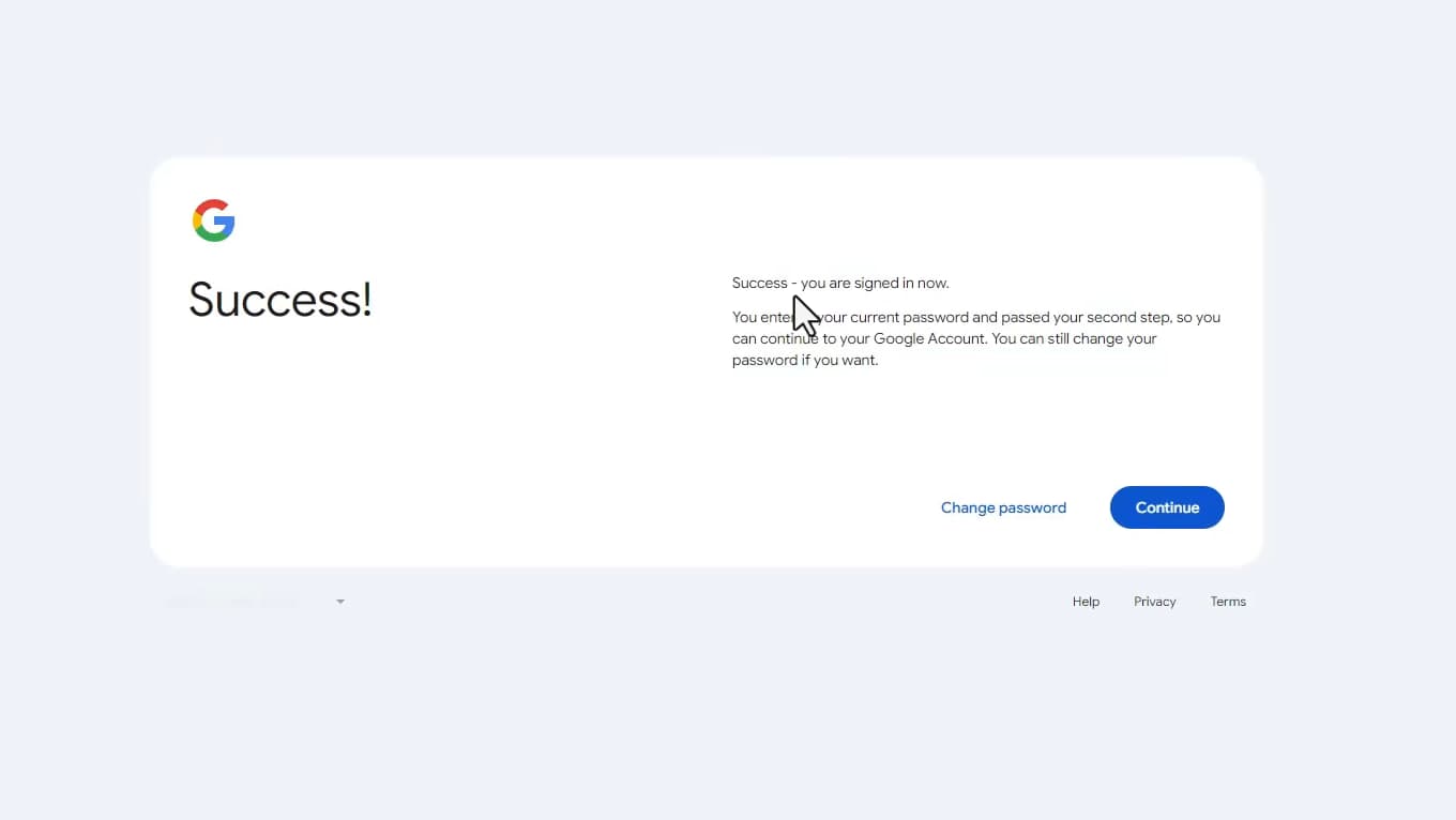 Message de succès confirmant la connexion au compte Google