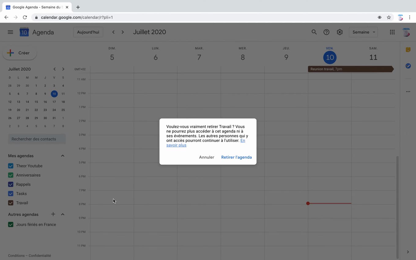Confirmation de retrait d'un agenda Google