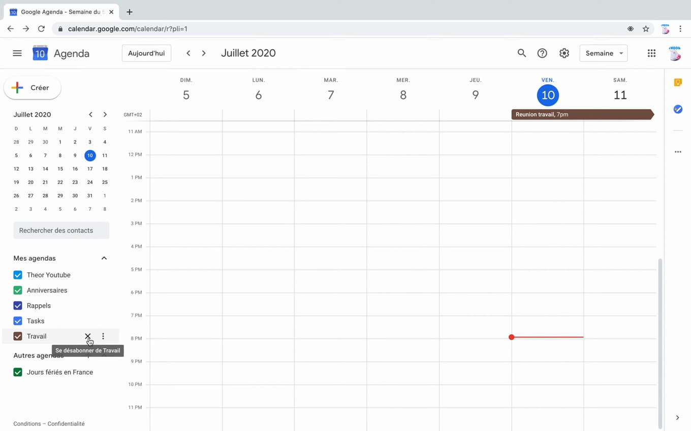 Menu d'un agenda sur Google Agenda