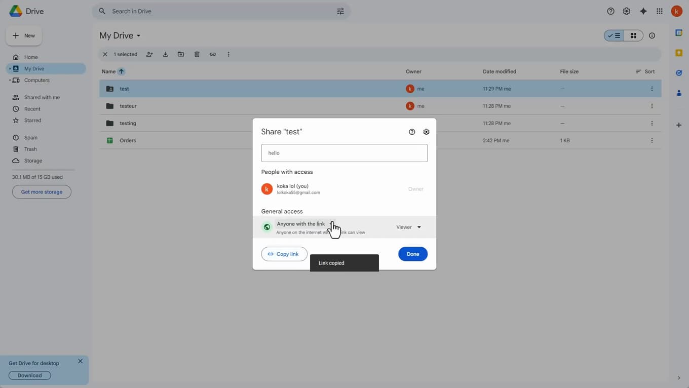 Copie du lien de partage d'un dossier Google Drive