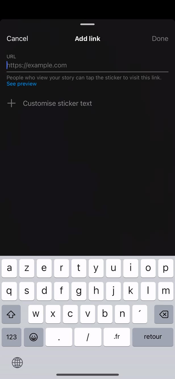 Saisie de l'URL du sticker Lien sur Instagram