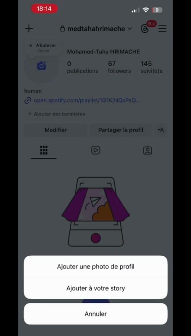 Profil Instagram avec le menu de modification de la photo