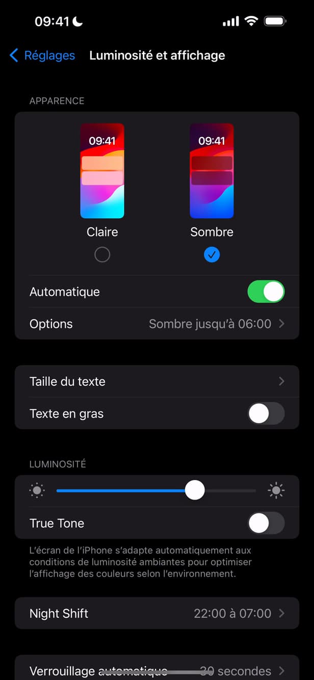 Choix de l'apparence Sombre sur iPhone