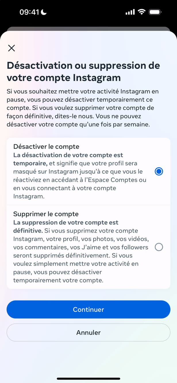 Écran de désactivation temporaire d'un compte Instagram
