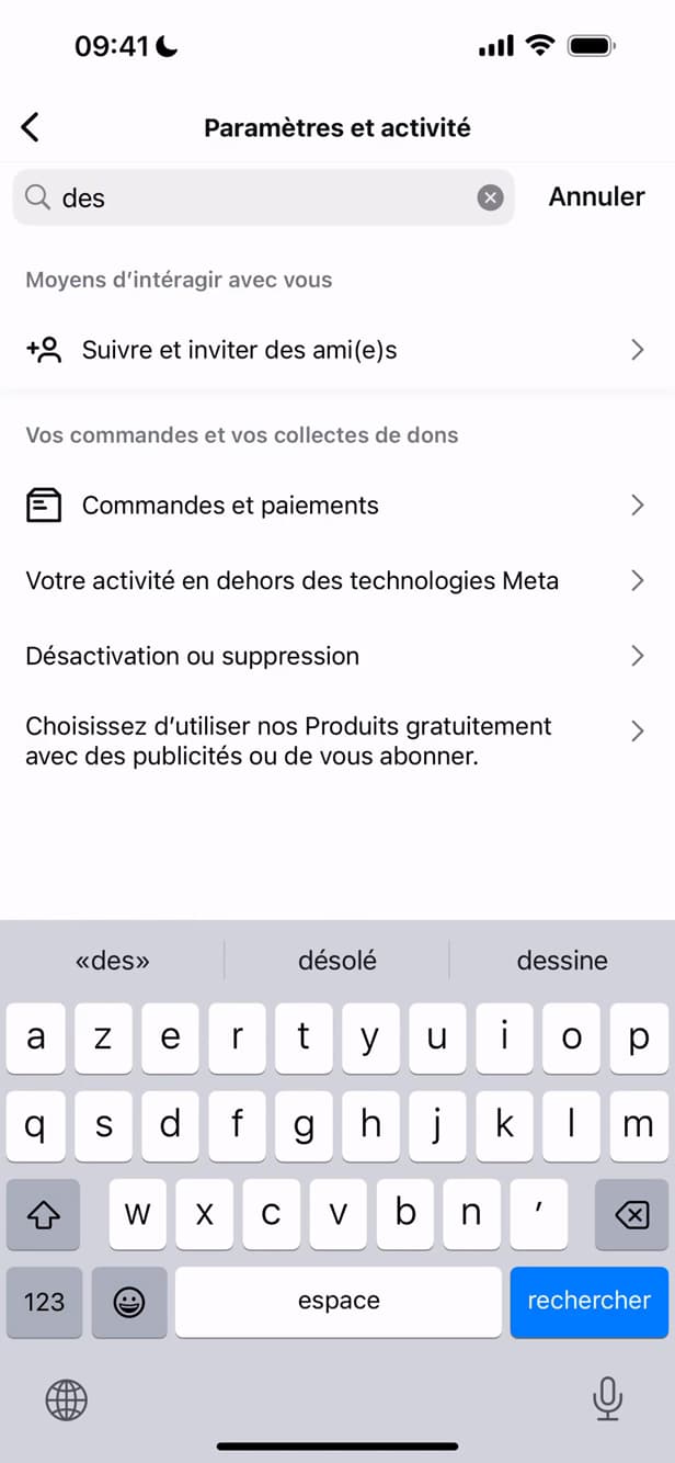 Recherche de l'option Désactivation dans les paramètres Instagram