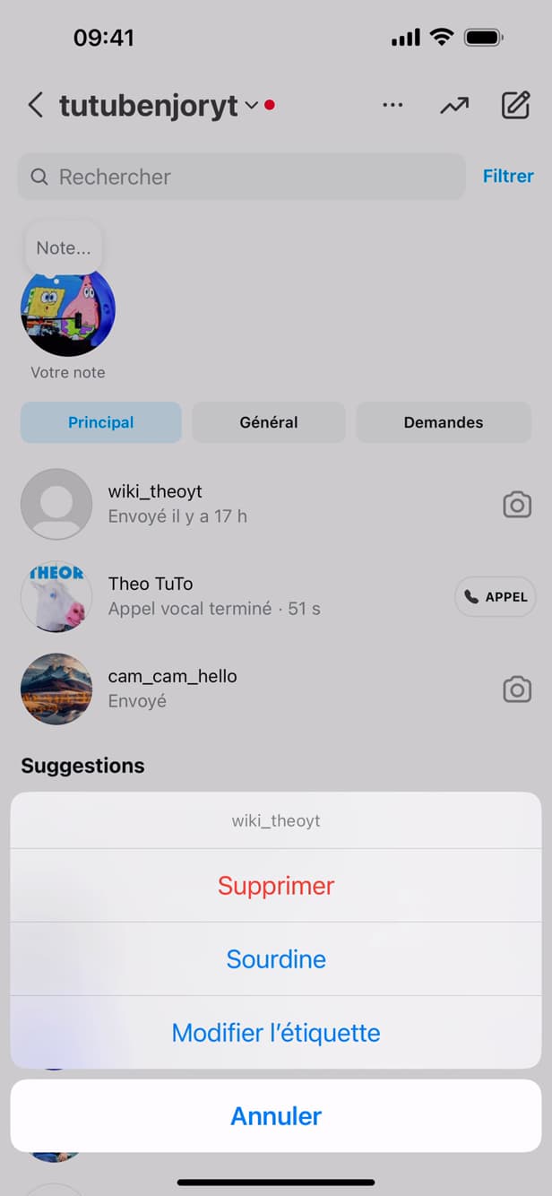 Menu contextuel sur une discussion Instagram