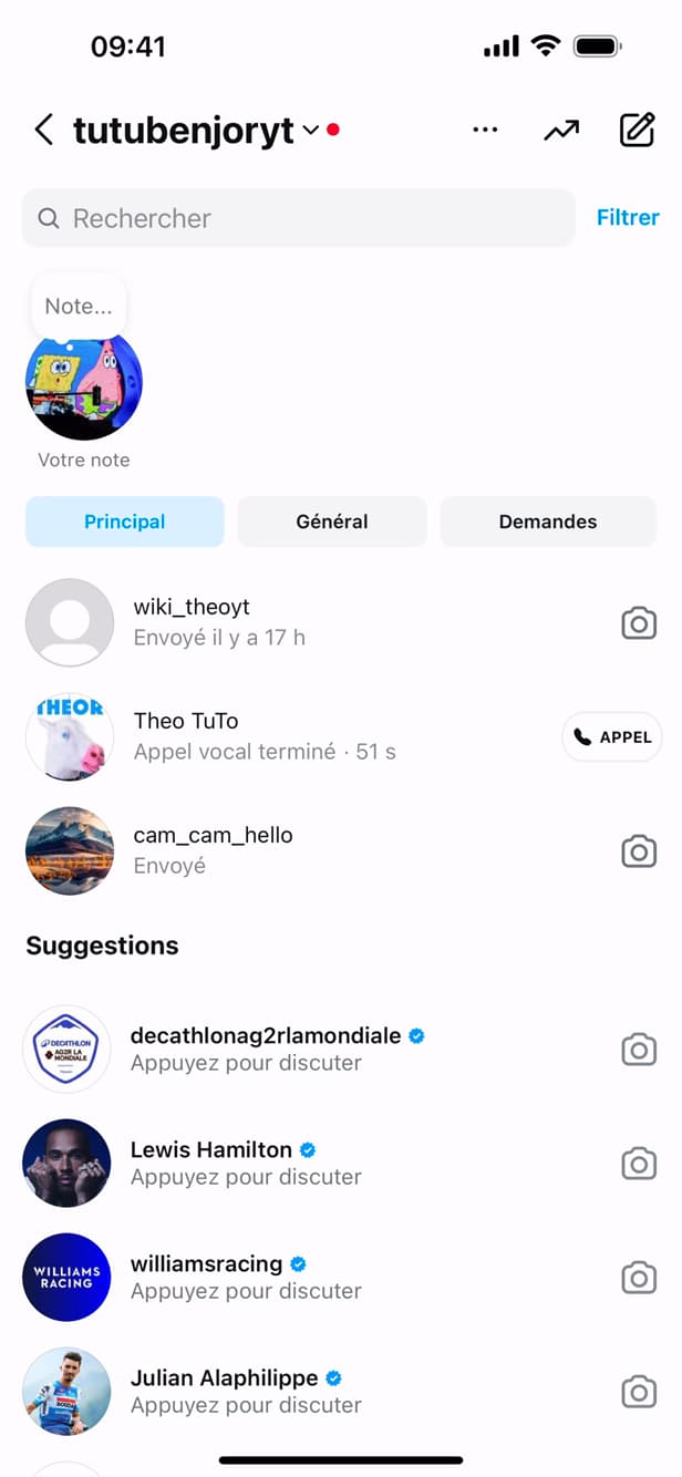 Boîte de réception des messages Instagram