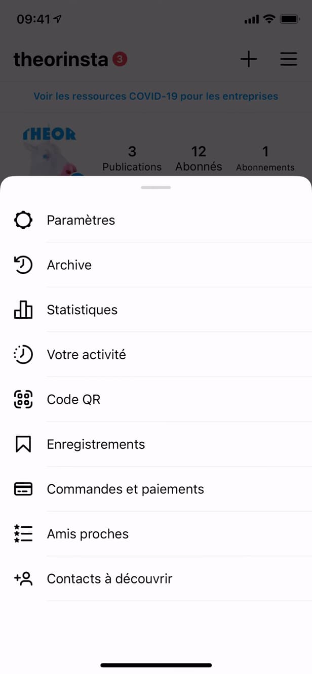 Menu du profil Instagram avec Paramètres