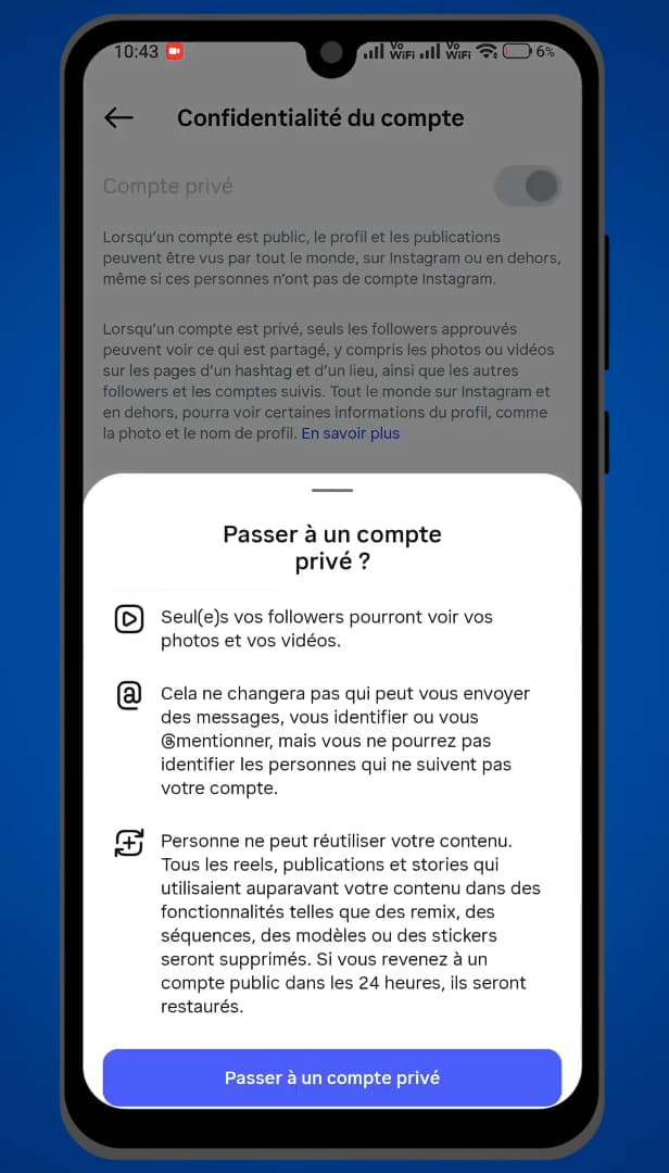Confirmation du passage en compte privé sur Instagram