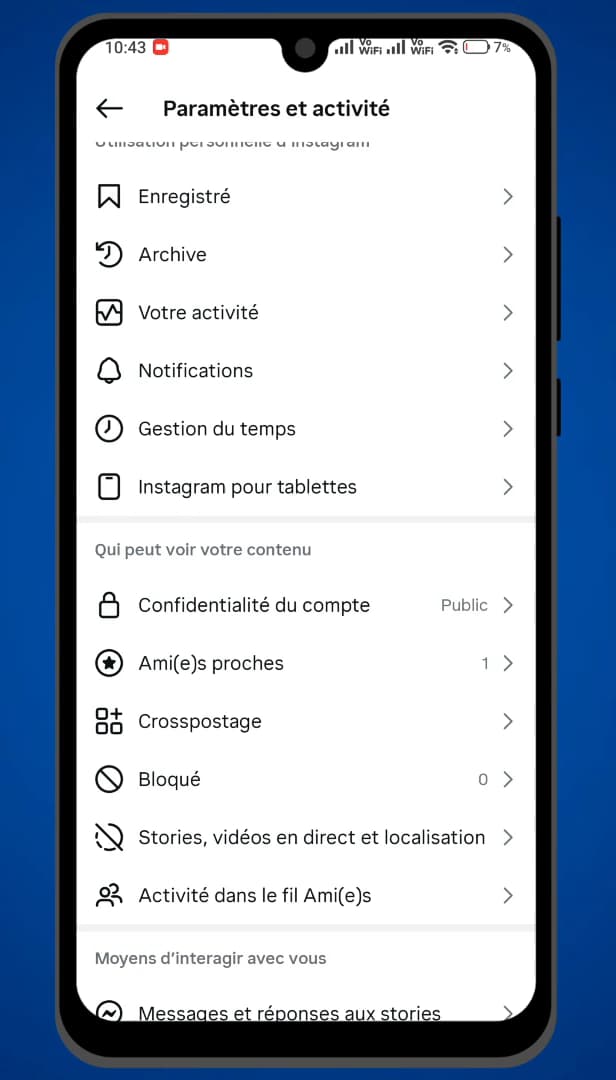 Menu Paramètres et activité d'Instagram