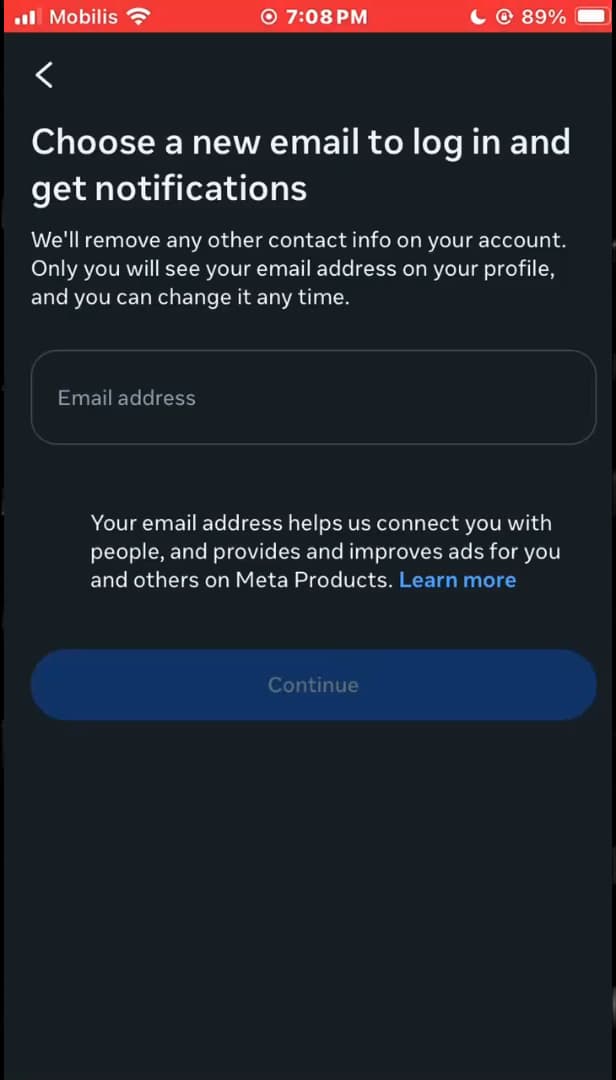 Écran Instagram de vérification par selfie vidéo