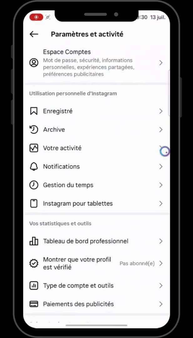 Menu Votre activité sur Instagram