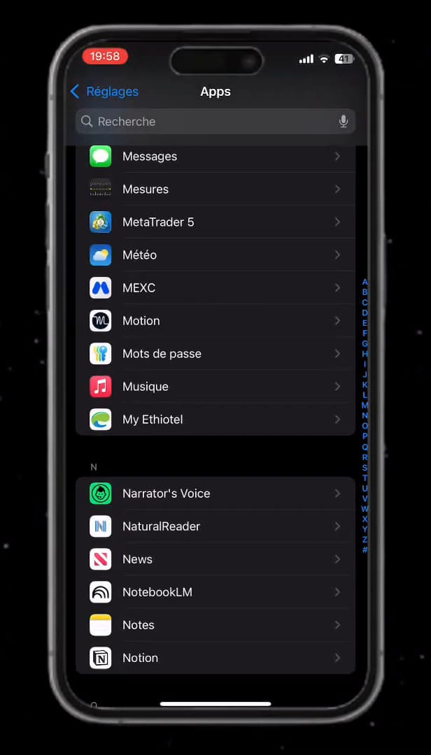 Liste des apps dans les Réglages de l'iPhone