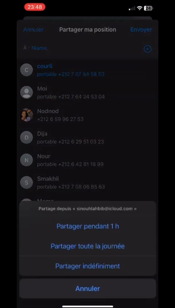 Options de durée de partage de position sur iPhone