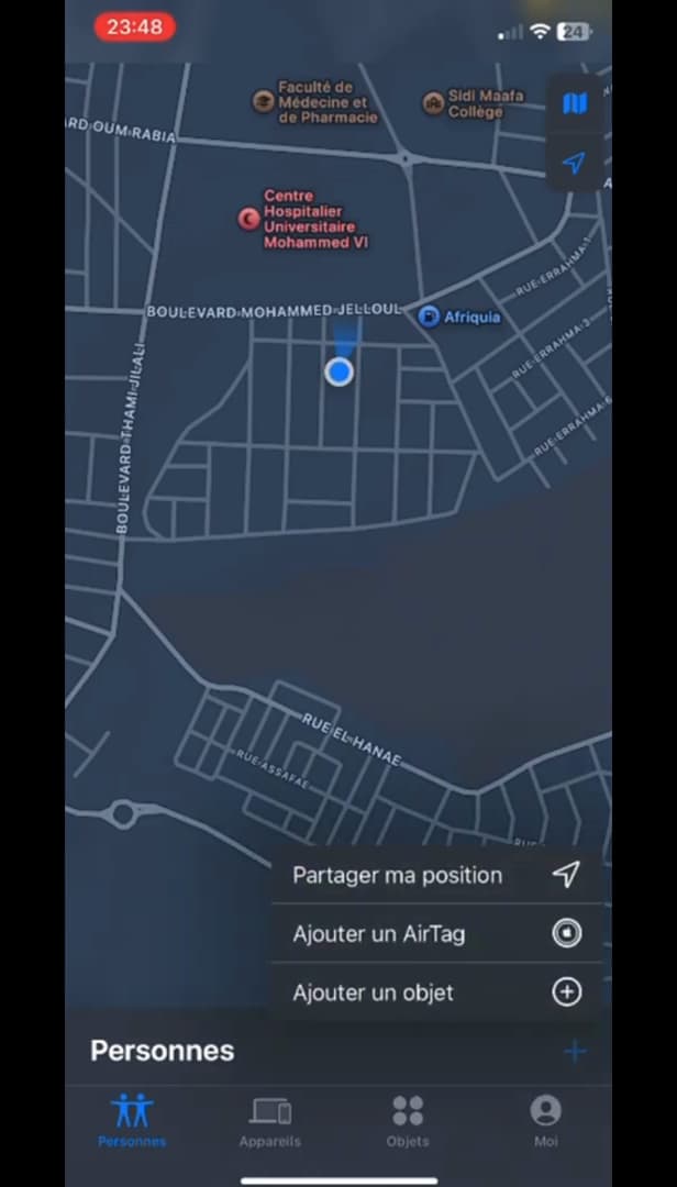 App Localiser sur iPhone avec l'option Partager ma position