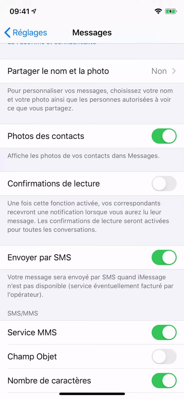 Option Confirmations de lecture sur iPhone