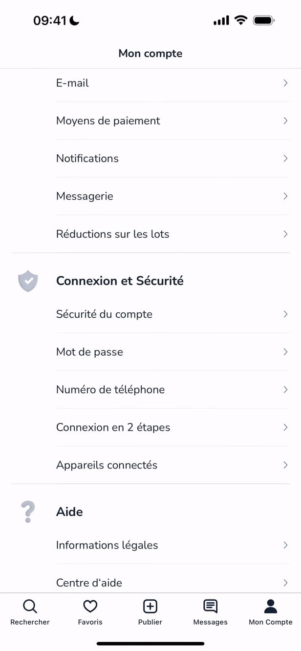 Section Connexion et Sécurité de Leboncoin