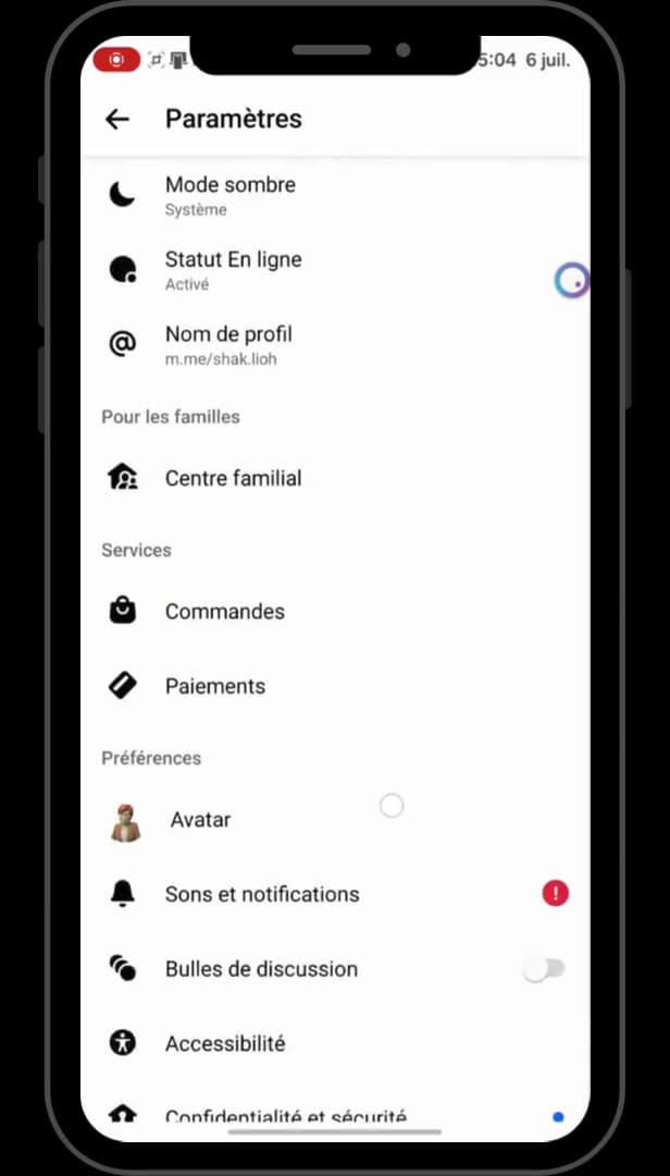 Paramètres de Messenger