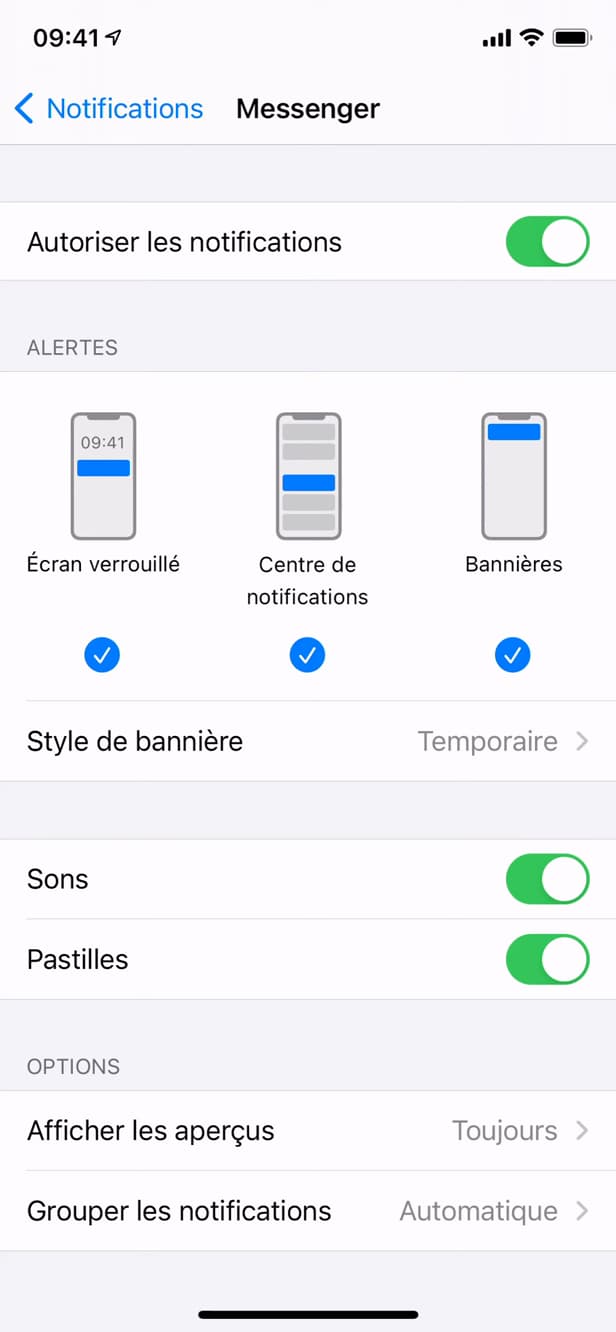 Réglages de notification de Messenger