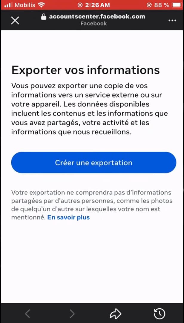 Page Exporter vos informations avec le bouton bleu Créer une exportation