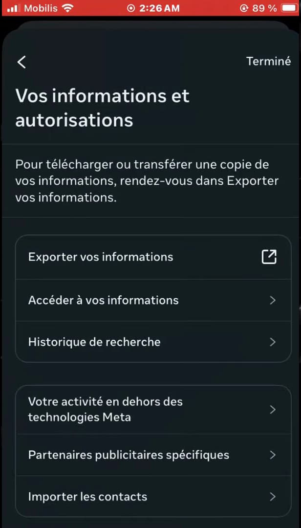 Écran Espace Comptes Meta avec l'entrée Vos informations et autorisations
