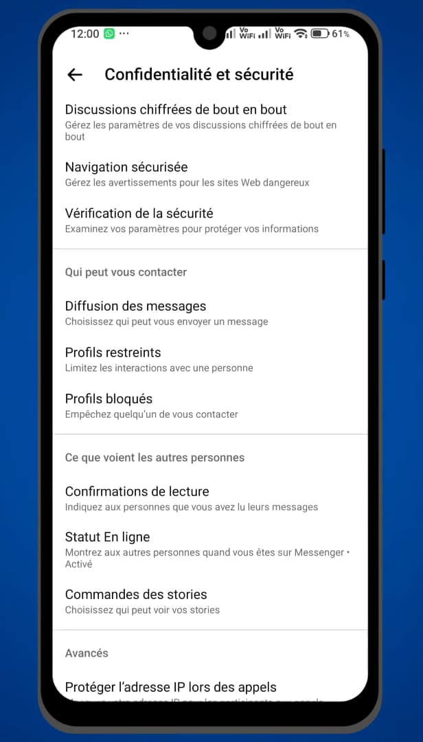 Paramètres Confidentialité et sécurité de Messenger avec Profils restreints