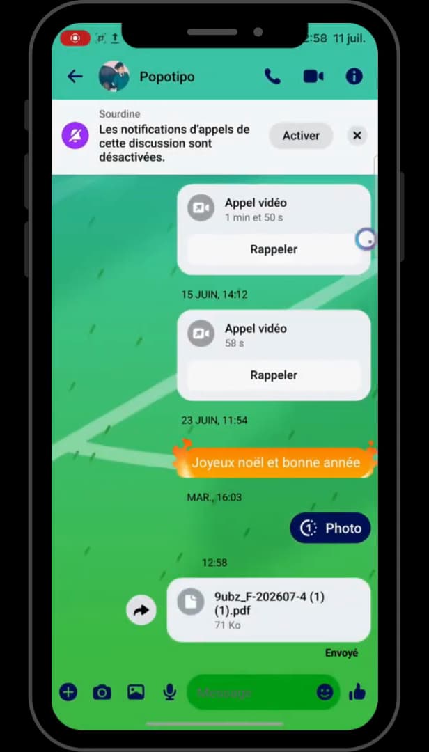 Fichier PDF envoyé dans une conversation Messenger