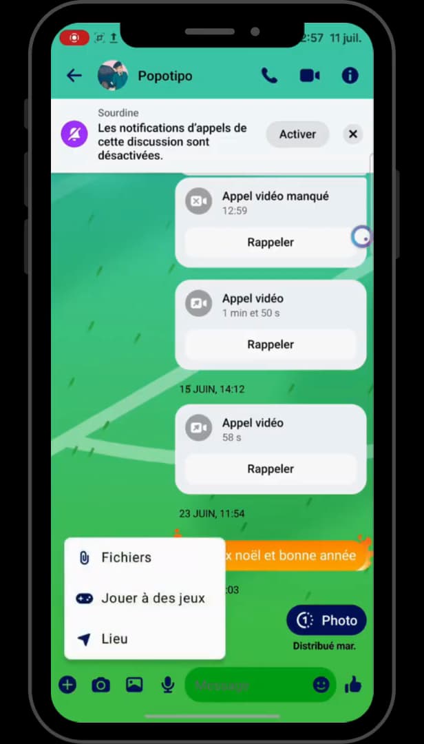 Menu Fichiers dans une conversation Messenger
