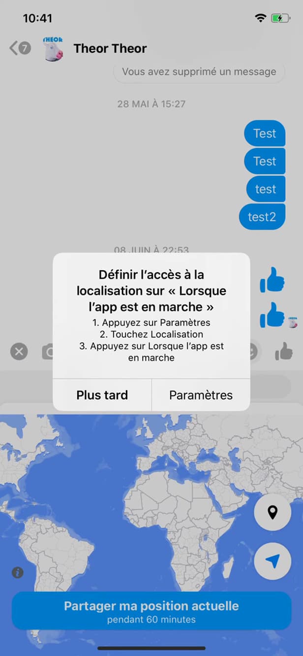 Carte Messenger avec Partager ma position actuelle
