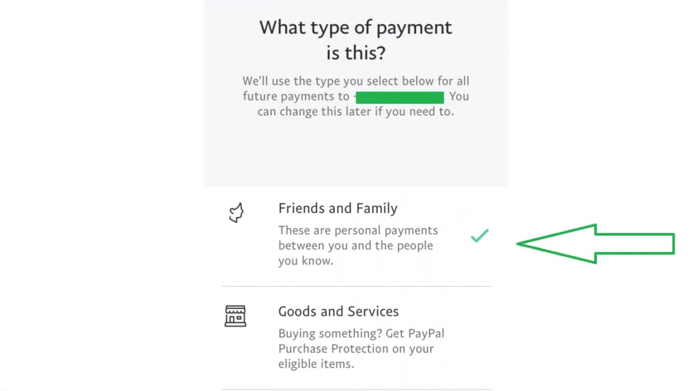 Choix du type de paiement PayPal, option Amis et famille sélectionnée